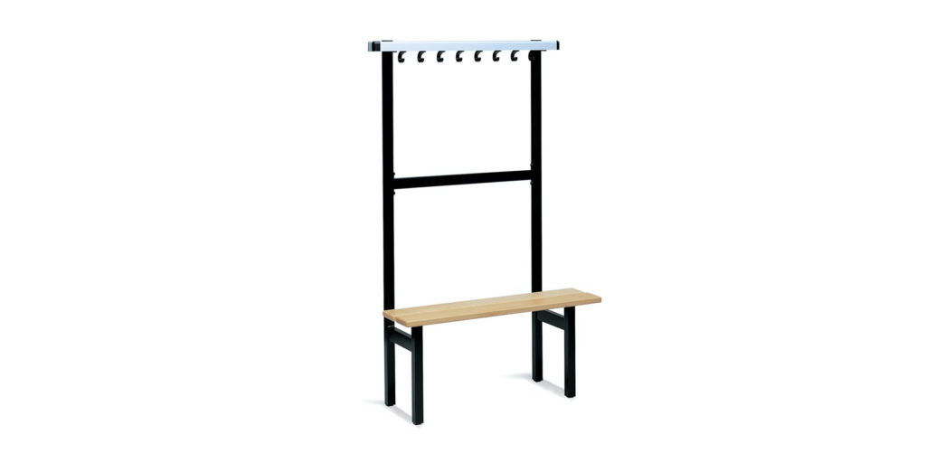 Free-standing single-sided bench with clothes hooks